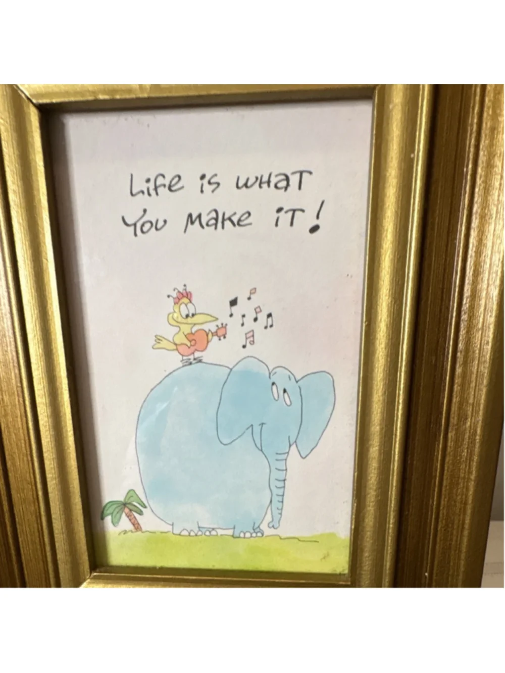 Framed Inspirational Cartoon Elephant & Bird Print Gold Frame